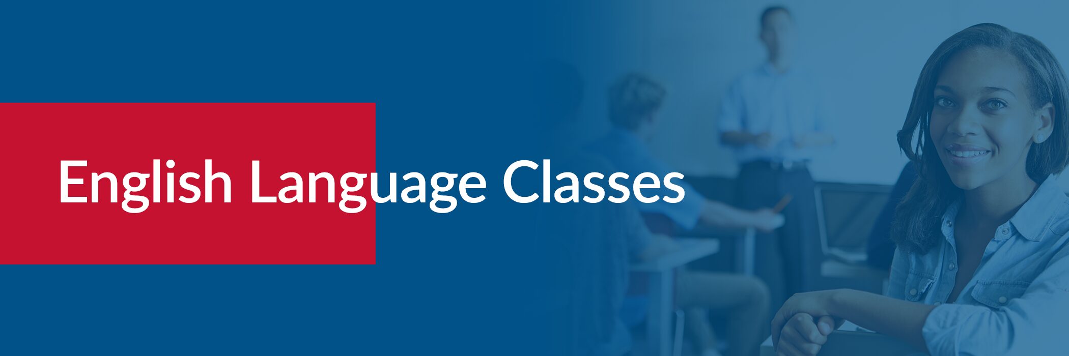 English language classes banner with smiling student